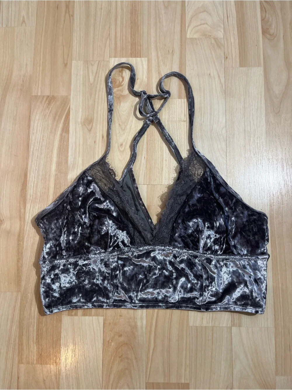Aerie gray crushed velvet and lace longline bralette medium